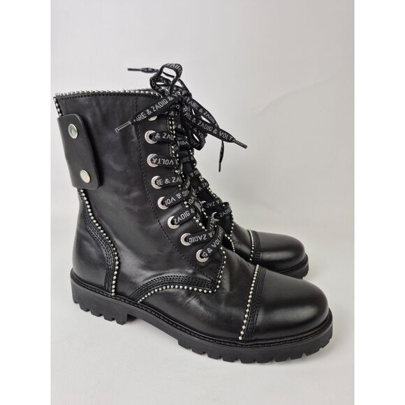 Zadig & Voltaire Women&#039;s Black Leather Joe Studded Combat Boots Size 40 - Picture 1 of 7